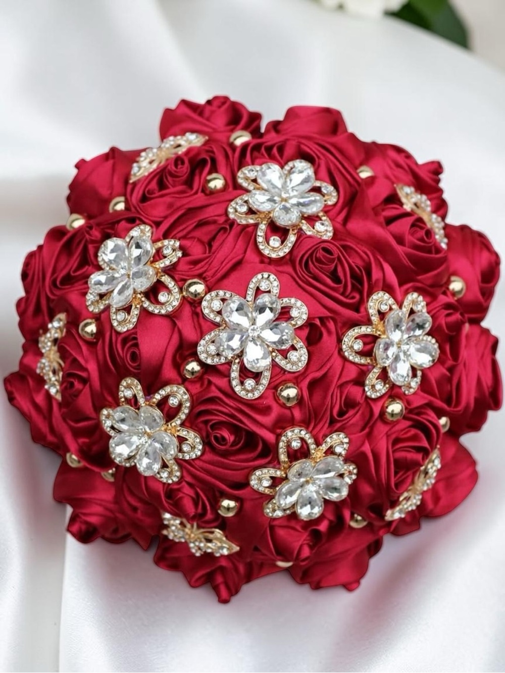 Elegant Red Satin Rose Brooch Bouquet with Crystal Flower Accents